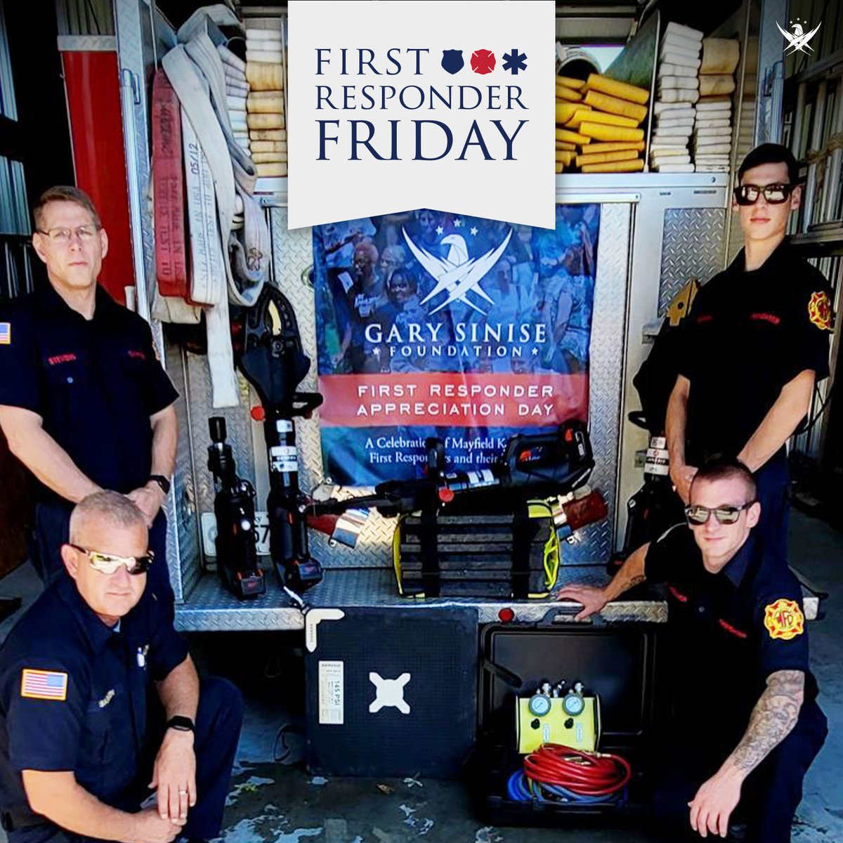 GarySiniseFound's tweet photo. It's "First Responder Friday" at GSF, a day we showcase our nation's amazing firefighters, police, &amp; EMTs who help keep our communities safe! Today, we spotlight the Mayfield Fire Department in KY, hit by a devastating tornado last year. Support today! https://t.co/nZvFg2MGo4 https://t.co/V5qowvv2Yp