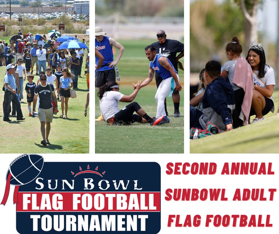 #FlagFootballFriday 
Sun Bowl Flag Football Tournament

Dates: Aug. 19-21, 2022

Registration Deadline: July 31, 2022

Register here: southwestflagfootball.com/registration

Place: Westside Sports Complex (201 Isela Rubalcava Boulevard, El Paso, TX 79932)