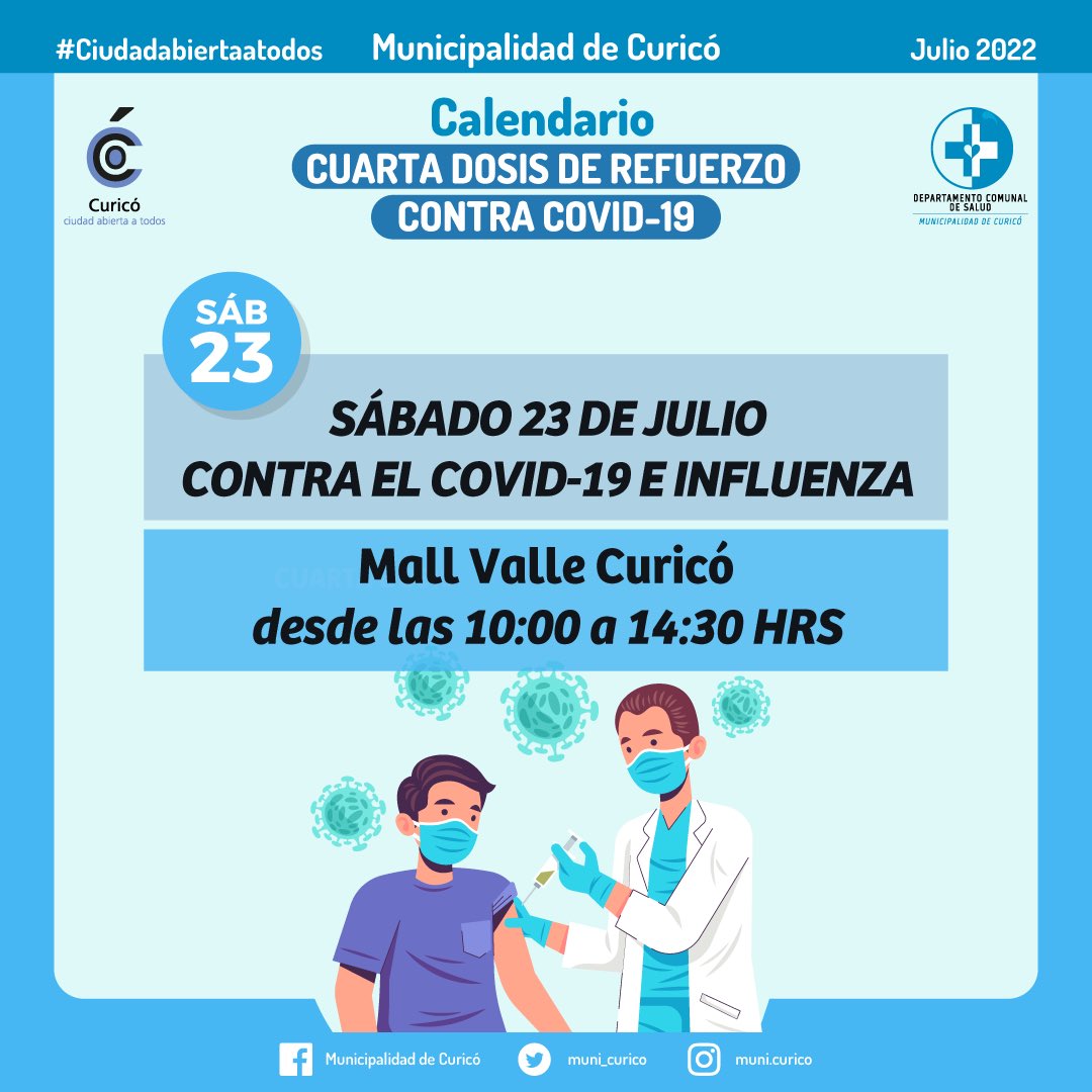 [VACUNACIÓN SÁBADO 23 DE JULIO]

Mañana en el Mall Valle Curicó, se realizará proceso de vacunación contra el Covid-19 e Influenza. El horario de funcionamiento del vacunatorio se extenderá entre las 09:00 y 14:30 horas.

¡Vacúnate y protégete!

#Curicó 
#SaludMunicipal