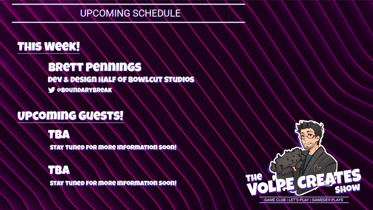 Going live now with <a href="/brettpennings/">Brett Pennings</a> from <a href="/BowlcutStudios/">Bowlcut Studios</a> . Come chat about game design with us! #volpecreatesshow

twitch.tv/volpecreates