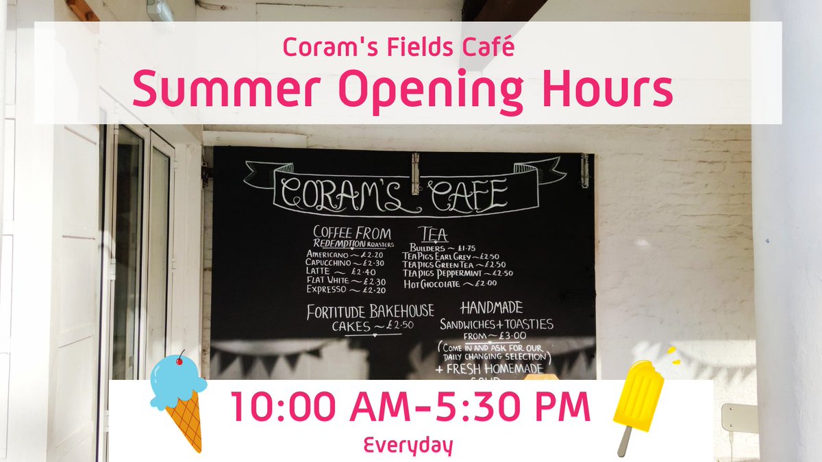 coramsfields's tweet photo. The café is open ALL DAY every day this summer! ☀️
Cool off with some delicious ice cream 🍦 from @jacks_gelato or how about a coffee supplied by @redemptionroast   ☕ 
#summerholidays #cafe #cafeopen #icecream #coffee https://t.co/eNoNPJv4N8