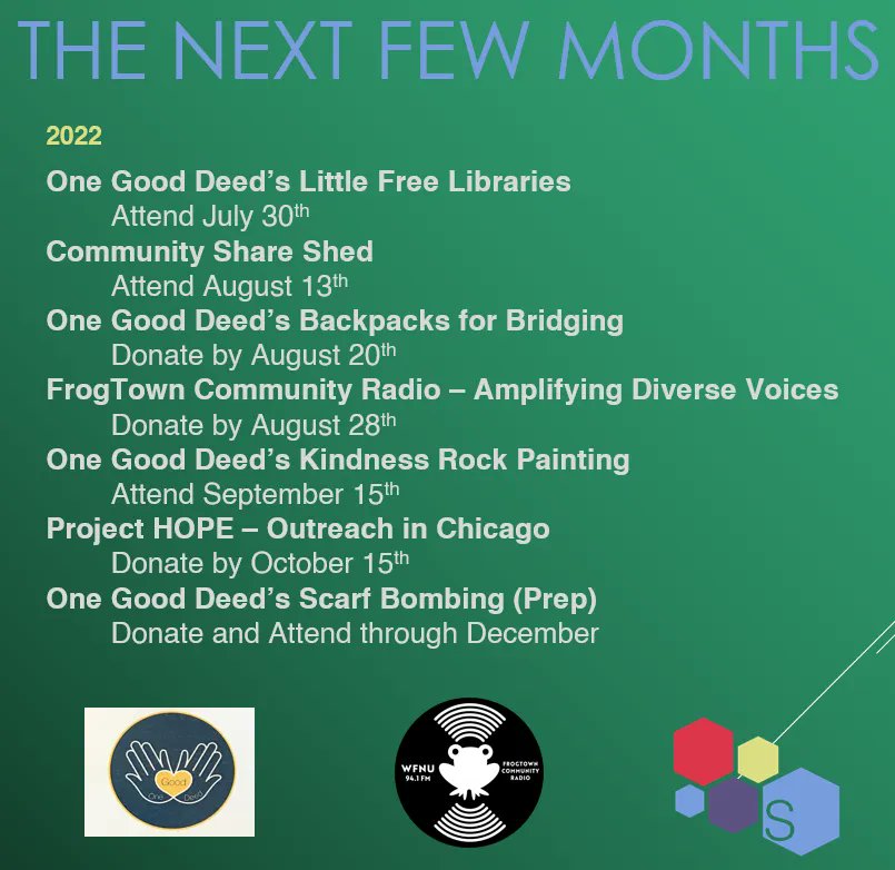 Hey Folks, wondering what we're up to? These are several upcoming events that we could use some some support on. Please be involved however you can to make a difference in the world.
#kindnessmatters #OutreachSavesLives #EducationSavesLives 
See buff.ly/3IXbf7k for more