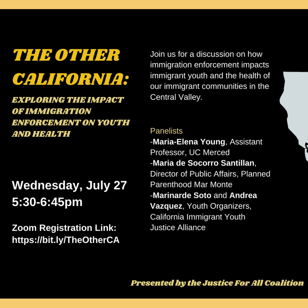 Join the Justice For All Coalition Wednesday, July 27, at 5:30 pm for a discussion on how immigration enforcement impacts immigrant youth and the health of immigrant communities in the Central Valley. 🔗Link below:
bit.ly/TheOtherCA