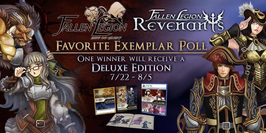 NISAmerica's tweet photo. Who's your favorite exemplar? We wanna know! 🧐

From now until August 5, cast your vote in our Favorite Exemplar Poll and be entered for your chance to win a deluxe edition of the game 👀

🔗: (https://t.co/xueOcclKsq) #FallenLegion @FallenLegion https://t.co/Wit3Pem00B