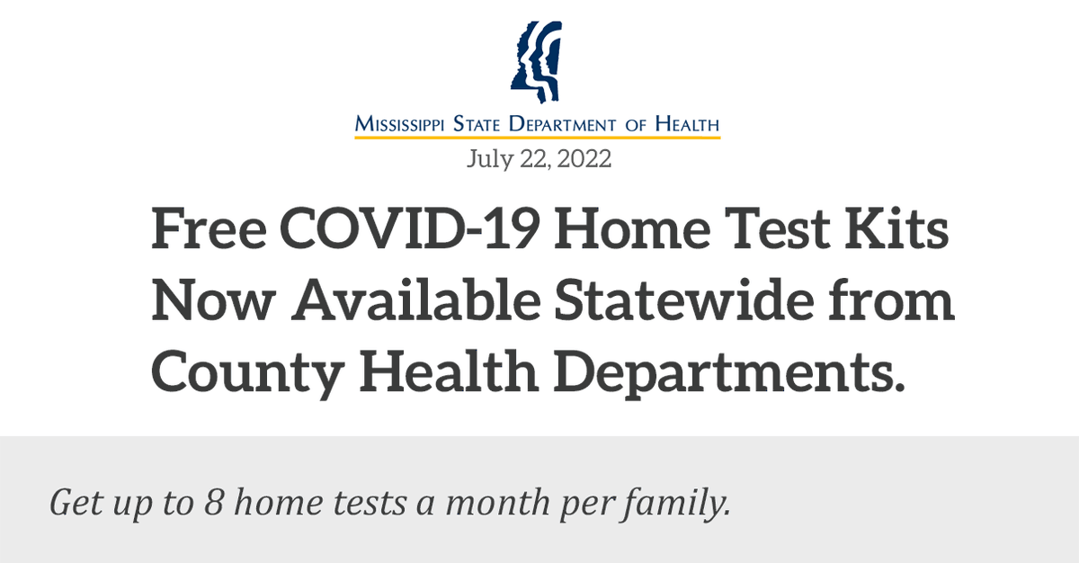 Starting Monday, free at-home COVID-19 tests will be available at all MSDH county health departments. Families can receive eight rapid self-tests per month without a doctor’s note or an appointment. Details: msdh.ms.gov/page/23,24555,…