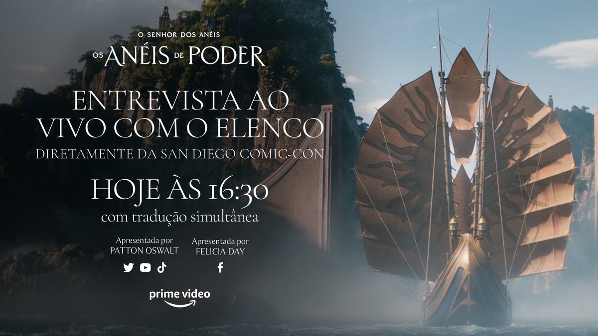 PrimeVideoBR's tweet photo. nossa jornada épica começa hoje, com a entrevista do meu elenco de #OsAnéisdePoder. assista aqui no meu perfil, com tradução simultânea https://t.co/skUu7KHOwm