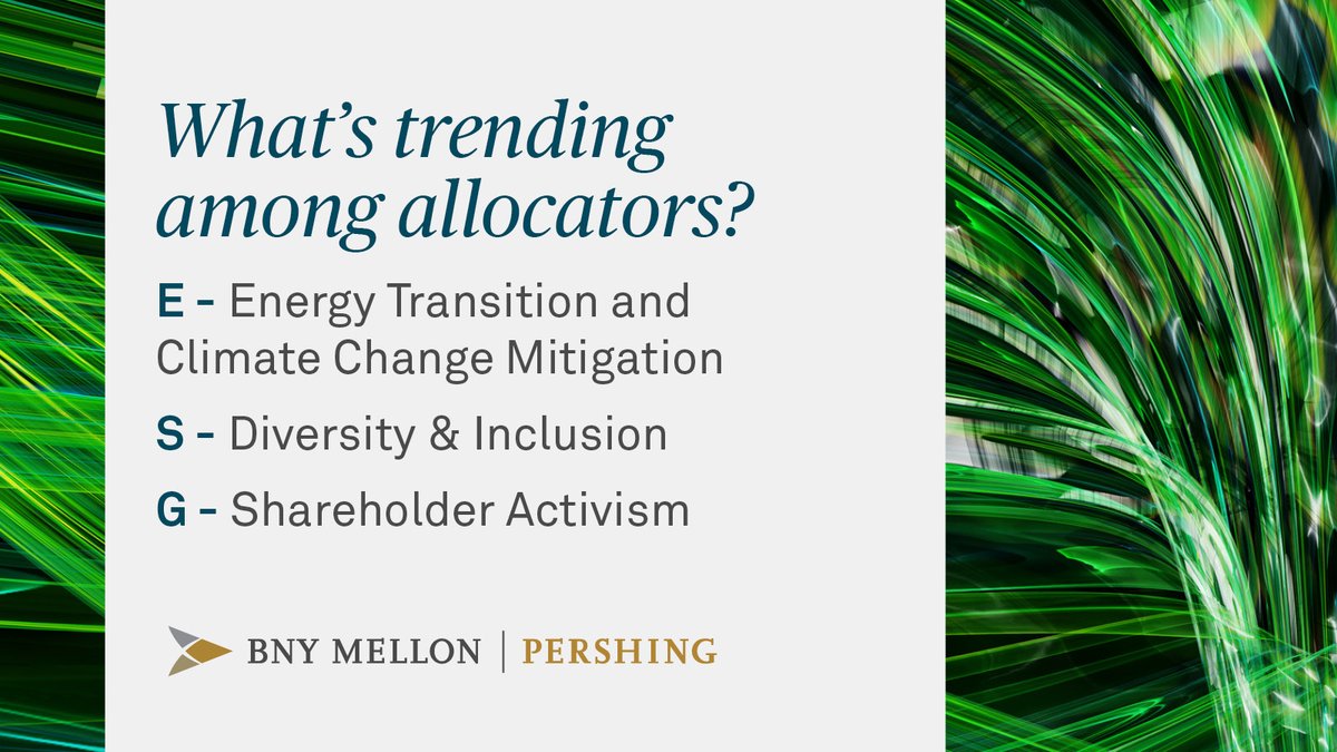 BNY Mellon | Pershing (@Pershing) on Twitter photo 2022-07-22 17:15:10 When it comes to #ESG investing, what missions are trending among #AlternativeInvestment allocators? #PrimeServices' Dave Shalom shares findings from our latest #CapIntro survey via @Opalesque. bny.mn/3aUqth4 When it comes to #ESG investing, what missions are trending among #AlternativeInvestment allocators? #PrimeServices' Dave Shalom shares findings from our latest #CapIntro survey via @Opalesque. bny.mn/3aUqth4