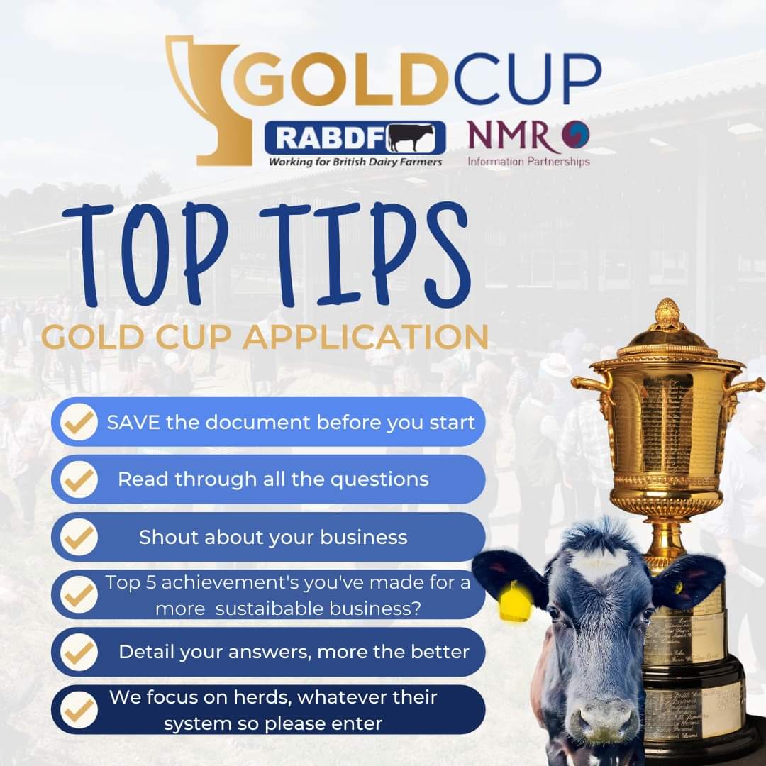One week left for entry to the <a href="/theRABDF/">RABDF</a> / <a href="/NMRgroup/">National Milk Records (NMR)</a> gold cup.
Criteria but see link for details:
🏆ICAR Recorded in 20/21    
🏆100 cows in herd with qualifying lactations. 
🏆SCC 200,000/ml or less                     🏆Min £PLI value - breed specific.

rabdf.co.uk/gold-cup-comp