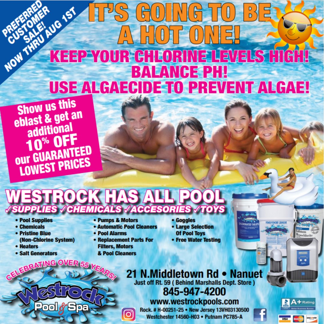 Westrockpools50's tweet image. Westrock Pools has all of the accessories, supplies, chemicals and toys you need for the season! Stop by our store or give us a call at 845-947-4200 to learn more about what we have in stock!
#westrockpools #westrockpoolandspa #swim #swimmingpool #poollife #poolsupplies