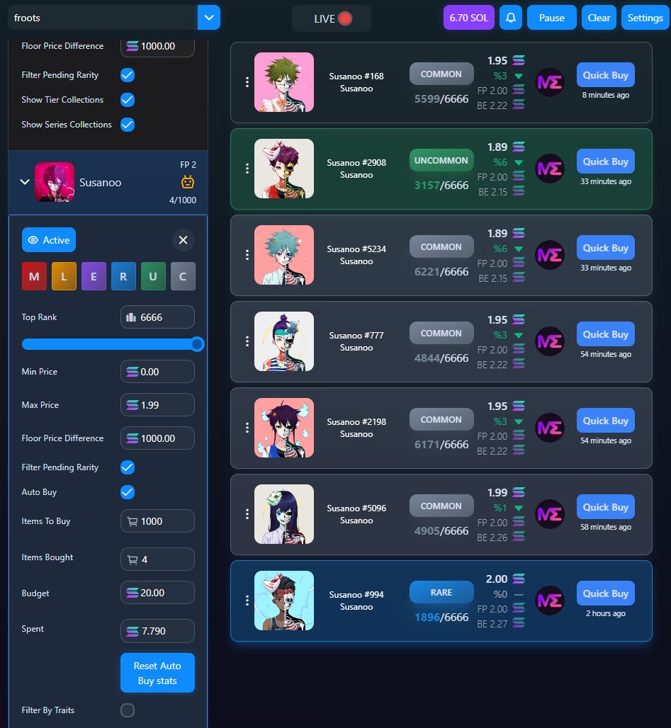 <a href="/SolRarity_/">SolRarity</a> banned us, <a href="/MyceliumLabsNFT/">Mycelium Labs</a> founders for building a competitive sniper for a tenth of their price, so we made our own rarity checker with more information &amp; without 15 minutes slow mode. 
Their so called "blackbox" (offline sniping), PFP airdrop &amp; more is coming soon.