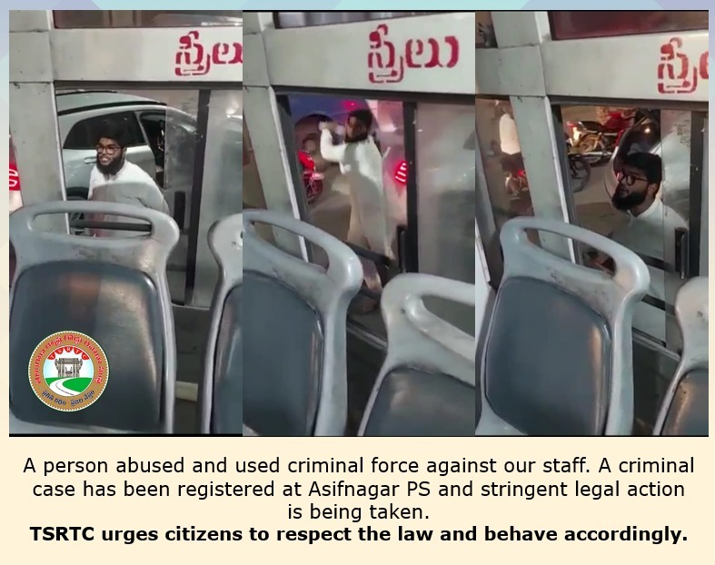A person abused &amp; used criminal force against our staff. A criminal case has been registered at Asifnagar PS and stringent legal action is being taken. #TSRTC urges citizens to respect the law and behave accordingly.

#Hyderabad #law