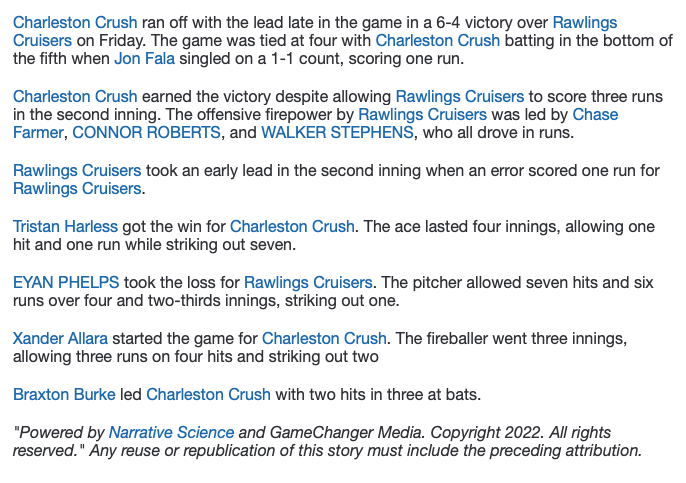 PrimetimeKYHQ's tweet photo. #14uBluegrassBattle Charleston Crush slips past Rawlings Cruisers in the 5th, 6-4.  Crush's Braxton Burke 2-3 RS, Ryker Parker 1-2 RS 2B RBI BB, Tristan Harless 1-1 RS 3B 2RBI.  Cruisers' Chase Farmer 1-3 2RS RBI BB, Connor Roberts 1-2 RBI and Stephens, Evans and Phelps 1H each. https://t.co/1xBAKgax51