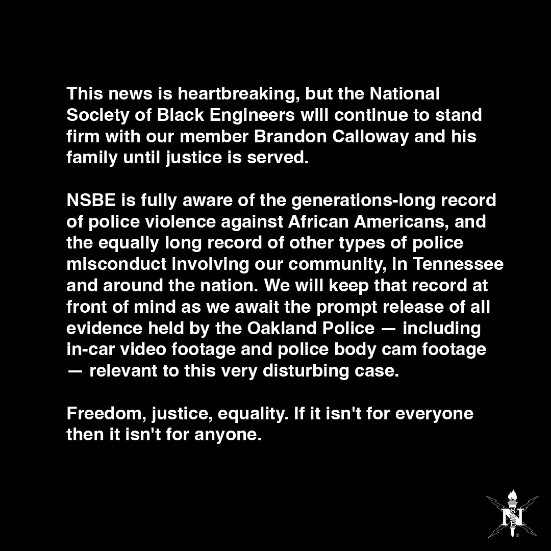 NSBE's tweet photo. A young black man failed to stop at a stop sign and police beat him unconscious. We stand with Brandon, a fellow NSBE member.
To hear more about this story, visit https://t.co/1qzwGjAiNx https://t.co/UPw9x7GwdN