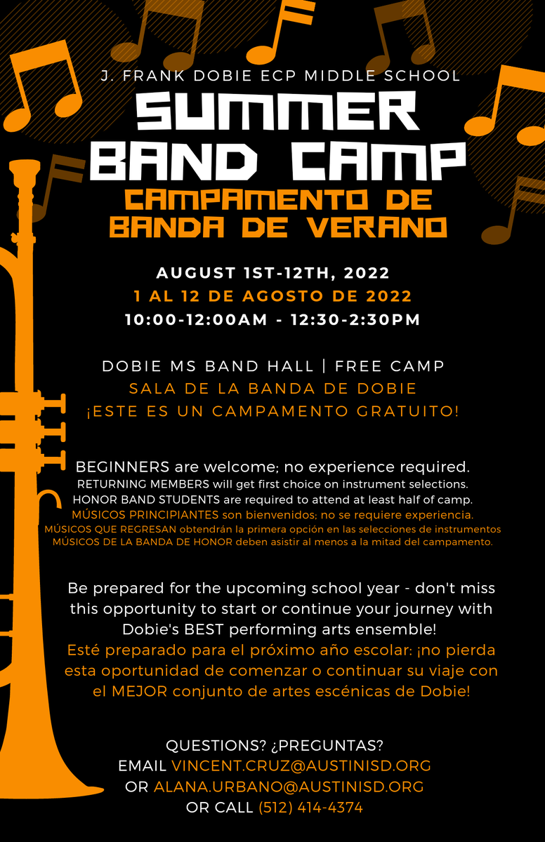 MsUrbanoMusic's tweet photo. T-Munis 9 Days until the @DobieATX Middle School Band Camp 2022! We can't wait to make music! 9️⃣🎺🥁🎷
Please Share!
#DobieBand #LetsGoRunners #BandCamp #CantStopWontStop #AISDProud #TalentGrowsHere https://t.co/WK7j4PR29u