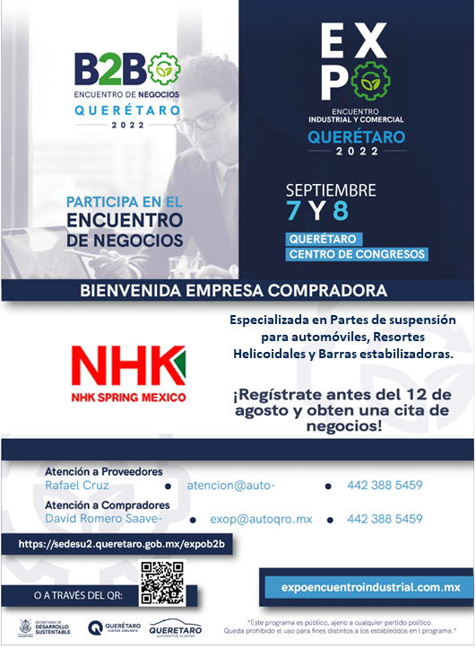 cluster_autoqro's tweet photo. #NHKSpringMéxico participará en el #B2B de la #ExpoQro2022 como #compradora.
Para tener un B2B:
1. Regístrate
https://t.co/qqEuKGK1Lh
2. Solicita una cita.
3. Asiste al @QCCmx los días 7 y 8 de septiembre.
4. Haz negocios.
Evento SIN Costo gracias al apoyo de la @SEDESUQro https://t.co/rMJCBhkSRA