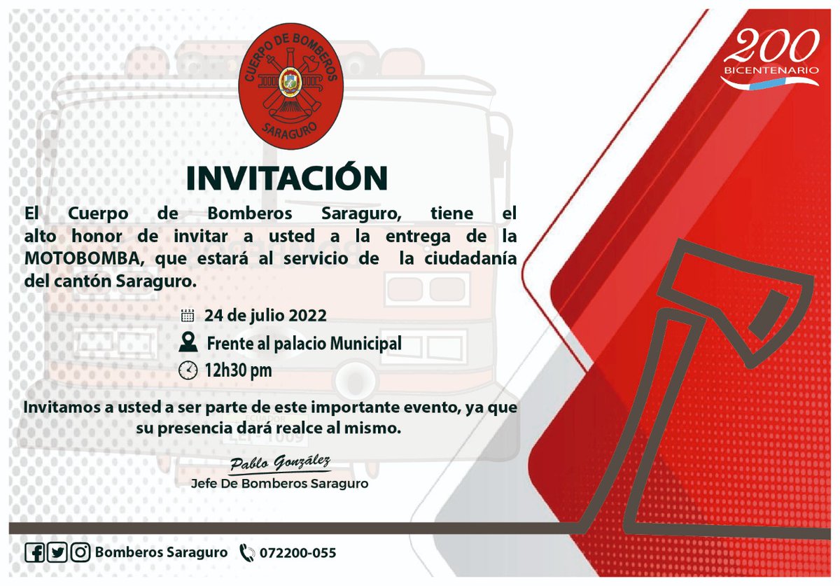 INVITACIÓN 📨 

🚨Se realiza la cordial invitación a la Entrega de la Motobomba 🚒.
✅ Domingo, 24 de Julio 
✅12h30
✅Hall Municipal

¡Te esperamos!

#Yoprevengo 
#Bomberossaraguro