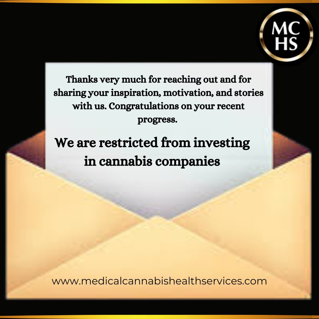 Snippet from an investment firm's reply to an applicant that met all criteria.....
#CBD #stigma #CannabisCommunity #Industry #womeninbusiness #entrepreneur #investments