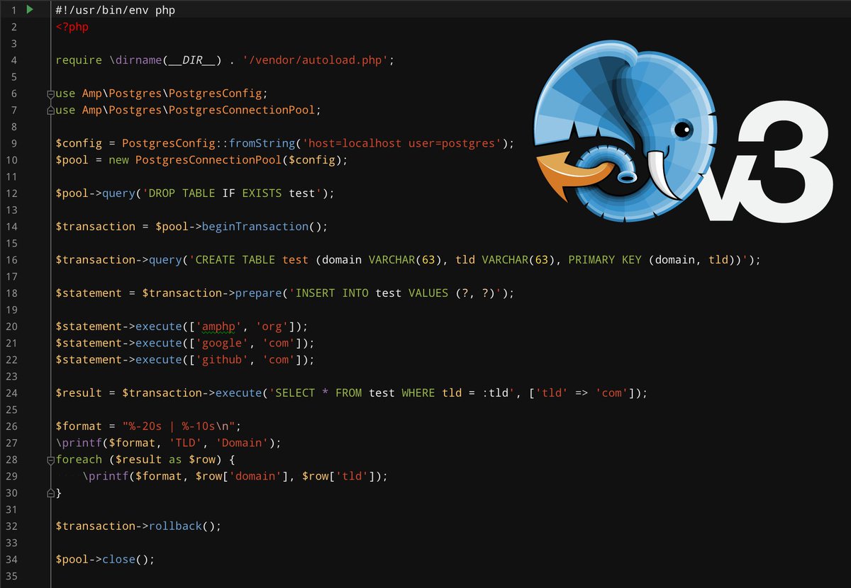 Introducing #async #PHP Postgres and MySQL client libraries compatible with amphp v3 using fibers! These libraries provide async access to the DB to run multiple queries simultaneously with an intuitive and well-typed API. ☺️

github.com/amphp/postgres…
github.com/amphp/mysql/tr…