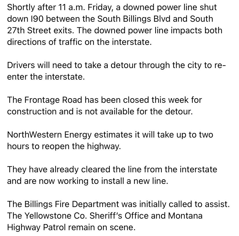 BillingsMT's tweet photo. TRAFFIC ALERT (7/22/22)- Downed power line shuts down portion of I90 in Billings, drivers need to detour through city. See screen shot for more details. #Billings #TrafficAlert #I90 #Interstate90 https://t.co/4d9ztCgbxe