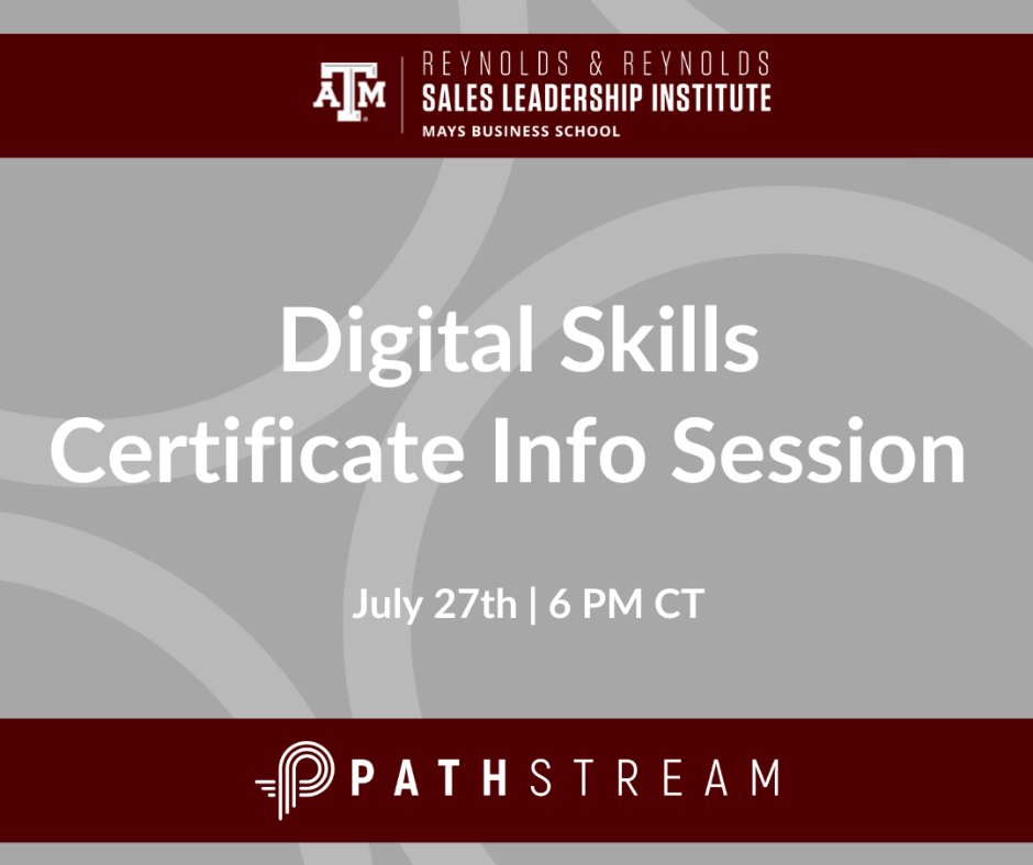 Sign up for our 7/27 Digital Skills Certificates session with <a href="/pathstream/">Pathstream</a> ! If you're interested in a career in Data Analytics, Project Management, Salesforce, or Digital Marketing, this event will help you learn more about our online certificate programs. tinyurl.com/Tamusales