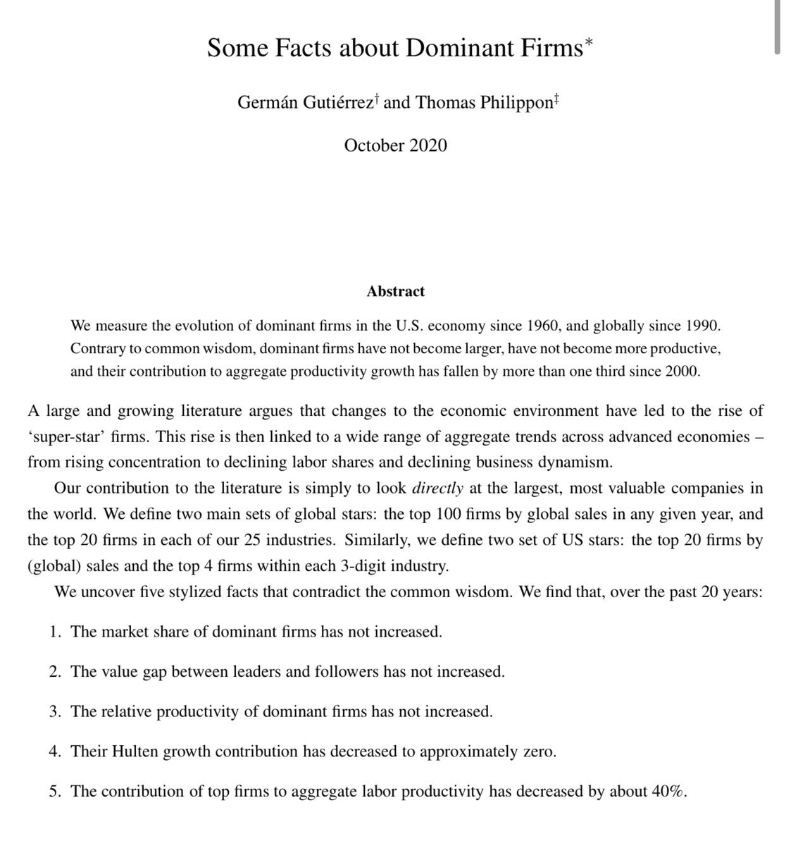 Despite what many believe, the big companies of today are no more dominant in their markets than the giant companies of the past, in the US &amp; globally.

But they contribute much less to global employment, productivity, &amp; growth than previous leading firms. nber.org/system/files/w…