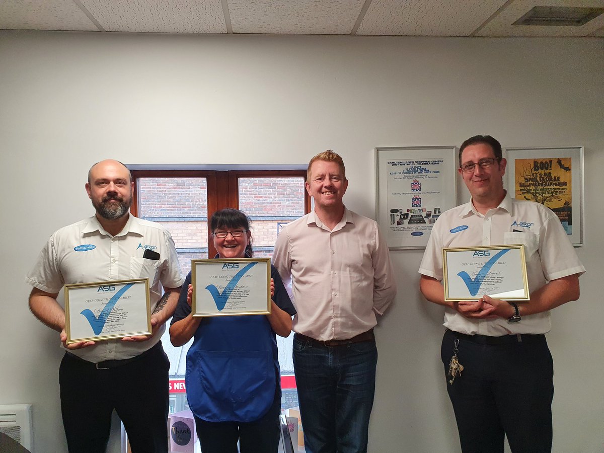 GazSpedding's tweet photo. It was a pleasure to see Danny, Bev &amp; Matt receive @AstonServicesG GEM (going extra mile) award from @Carltonlanes centre manager David after dealing with a very difficult situation on site all 3 demonstrated how to work as a team well deserved 👏 #teamnorth #proudopsmanager https://t.co/6duJd4lH58