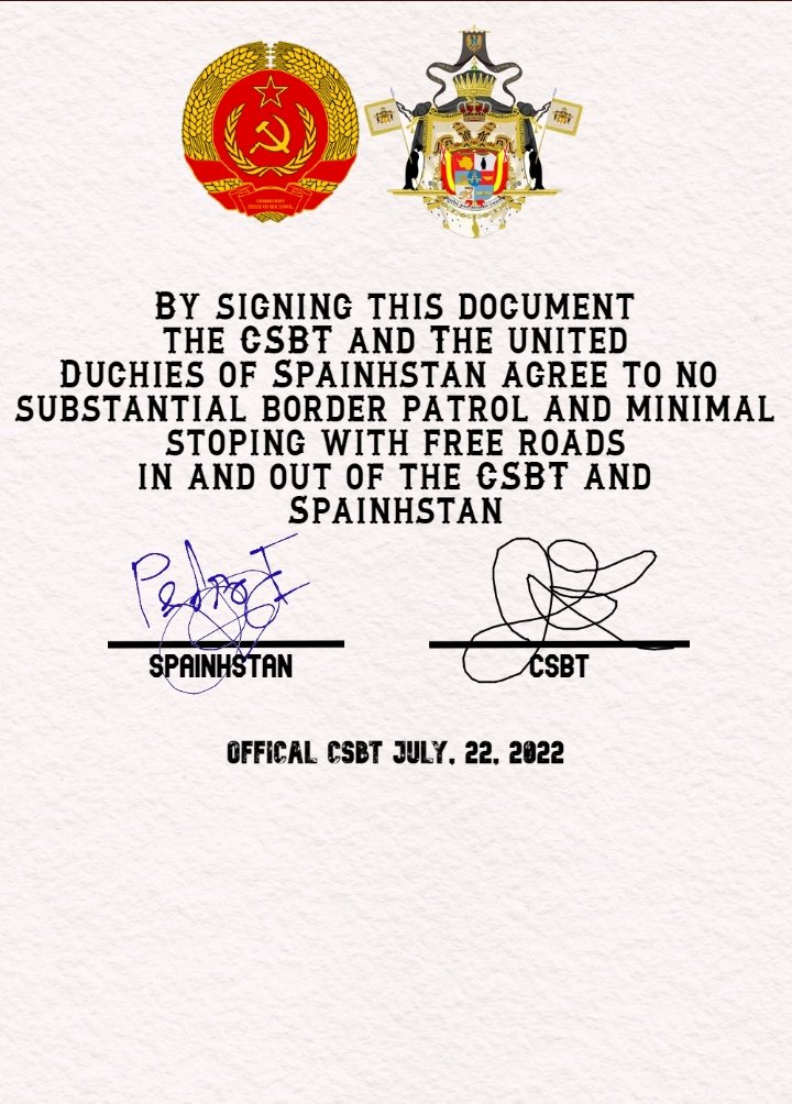 Su Magestad Imperial Suprema, el emperador supremo, interrumpió brevemente sus vacaciones para que esté documento (en el que tanto nosotros como <a href="/CSBT_PT/">Rahhhhh</a> nos comprometemos a no construir ningúna frontera fisca, entre otras cosas) pueda ser firmado
#micronations
#micronaciones