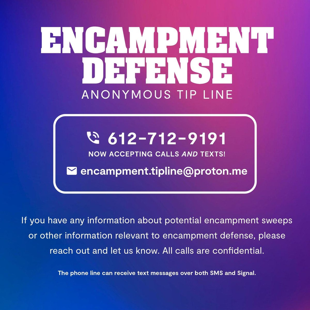 Hey Twin Cities! We know that not everybody in city government or the Homeless Industrial Complex supports camp clearings.

If you are in a position to provide camp defenders &amp; residents with information, you can anonymously do so. 

Please share widely.