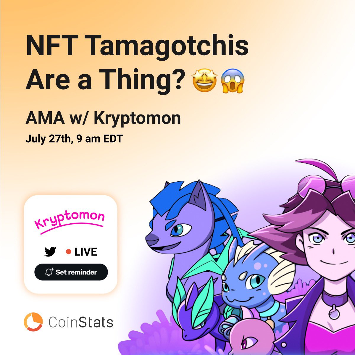 CoinStats's tweet image. Imagine cute little Tamagotchi-like characters, but it's play-to-earn 🤩
@KryptomonTeam will join us to discuss what play-to-earn can offer gamers &amp;amp; the crypto community.

Set a reminder 🔔