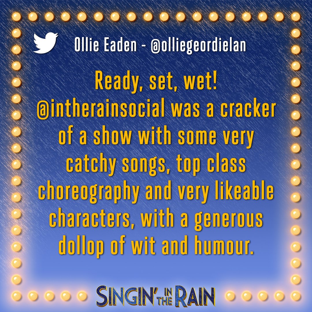 SINGIN' IN THE RAIN (@intherainsocial) on Twitter photo Sheffield it's your last chance to SING and DANCE in the rain with us!☔
We're <a href="/SheffieldLyceum/">SheffieldLyceum</a> for 3 more performances. Don't miss out 💦 Sheffield it's your last chance to SING and DANCE in the rain with us!☔
We're <a href="/SheffieldLyceum/">SheffieldLyceum</a> for 3 more performances. Don't miss out 💦