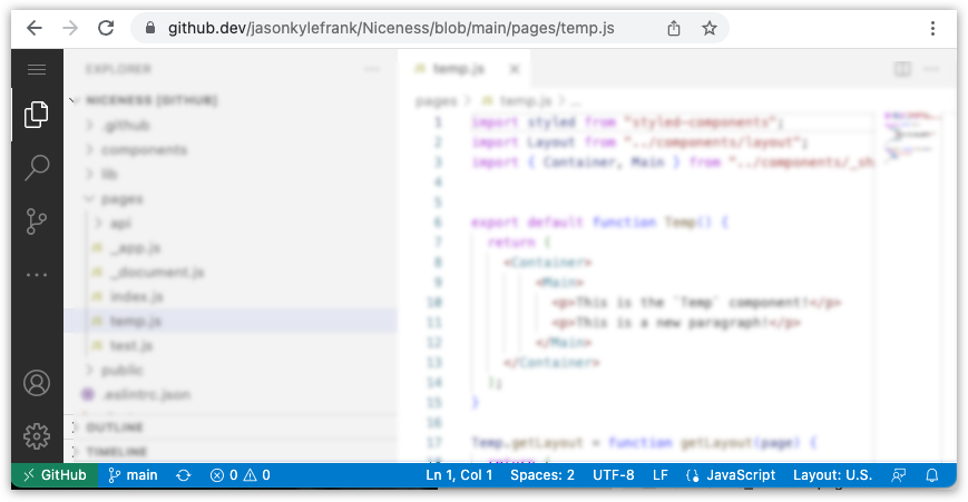 jasonkylefrank's tweet photo. Have you ever been on GitHub, looking at a code file and wished you could just edit or inspect it in VS Code without having to first clone it and open the editor?

While viewing the repo on GitHub, try pressing "."

Mind blown!

#github #code https://t.co/Z6PR3ZL2Bw