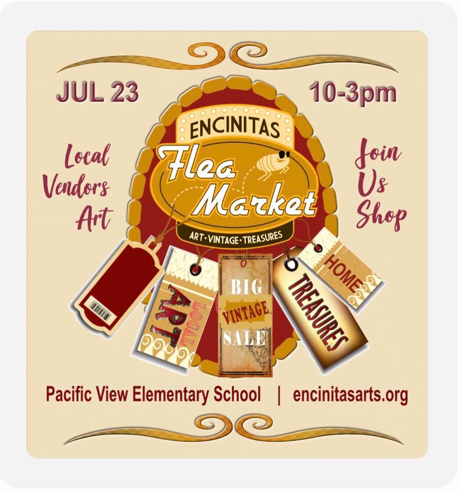 Check out the Encinitas Friends of the Arts Flea and Art Market for one-of-a-kind gifts and treasures tomorrow, July 23rd from 10 a.m. to 3 p.m. at Pacific View Elementary! Funds raised go to support cultural events such as Dia de los Muertos, public art, and mariachi band.