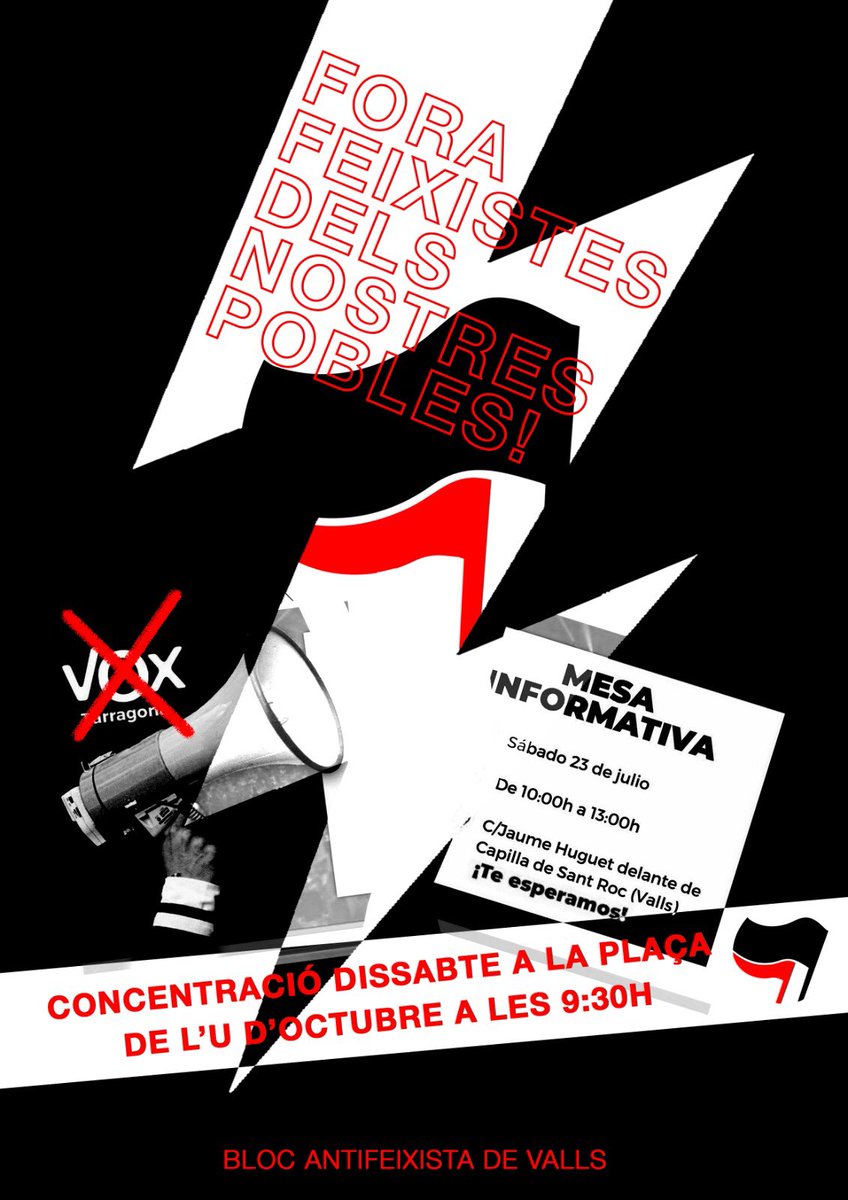 Demà dissabte a les 09:30 ens trobem a la Plaça U d’Octubre per fer front a la presència des feixistes de VOX!

Feixisme ni a Valls ni enlloc!