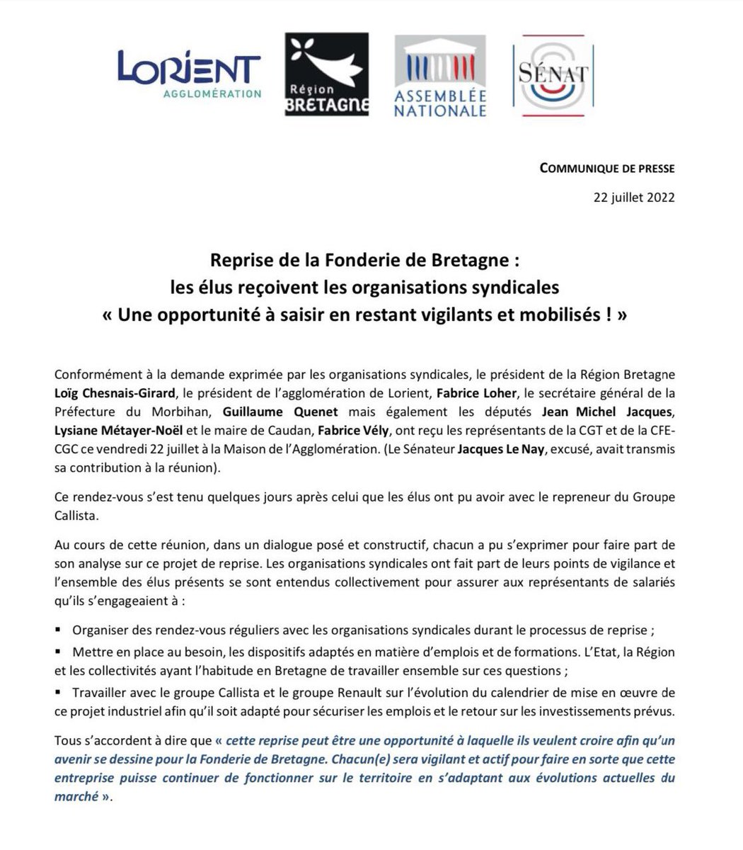 [Communiqué de presse]

Reprise de la Fonderie de Bretagne : les élus reçoivent les organisations syndicales « Une opportunité à saisir en restant vigilants et mobilisés »