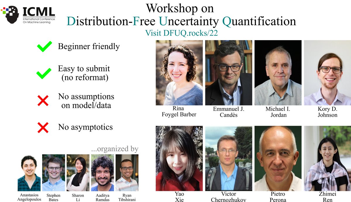 ml_angelopoulos's tweet image. Reminder that the ICML Workshop on Distribution-Free Uncertainty Quantification starts TOMORROW!

dfuq.rocks/22

We have 70 awesome papers on UQ for time-series, object detection, distribution shift, and more.

All are welcome in Room 308!