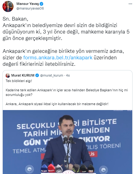Ankara Büyükşehir Belediye Başkanı Mansur Yavaş'tan Çevre ve Şehircilik Bakanı Murat Kurum'a Ankapark dersi: