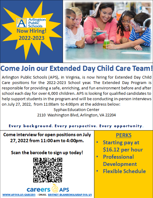 We are just a few days away from our next APS hiring event! We will be conducting onsite interviews on Wednesday, July 27th to join our Extended Day Child Care Team! See the below flyer for additional details and the link to sign up!
<a target='_blank' href='https://t.co/mZK8i2nQ56'>https://t.co/mZK8i2nQ56</a> <a target='_blank' href='https://t.co/3jdrFFY5cw'>https://t.co/3jdrFFY5cw</a>