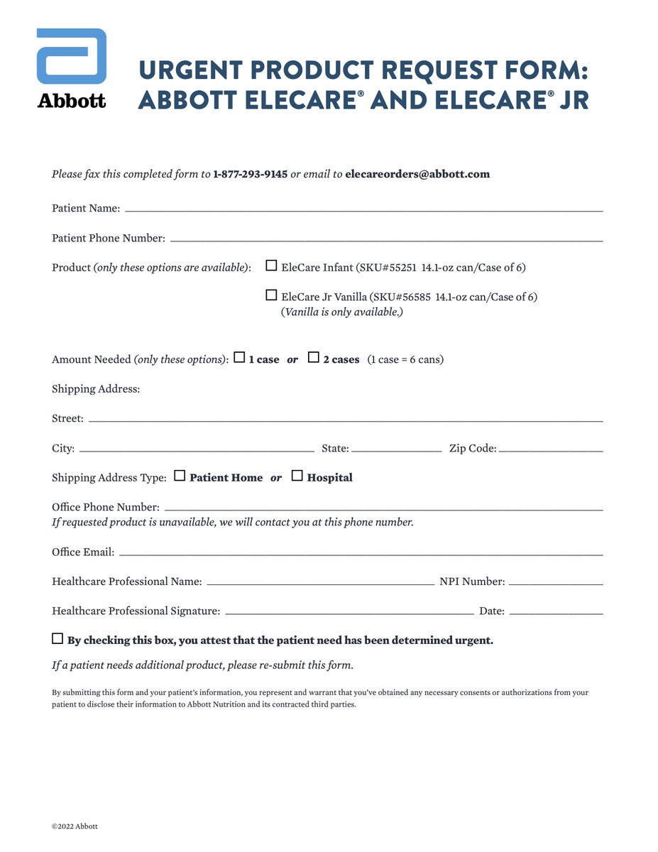 CahnEmily's tweet image. To my fellow amino acid formula families struggling to find formula like us, you can get an emergency supply of #Elecare shipped to you if your health care provider fills out the form below. #formula #formulashortage