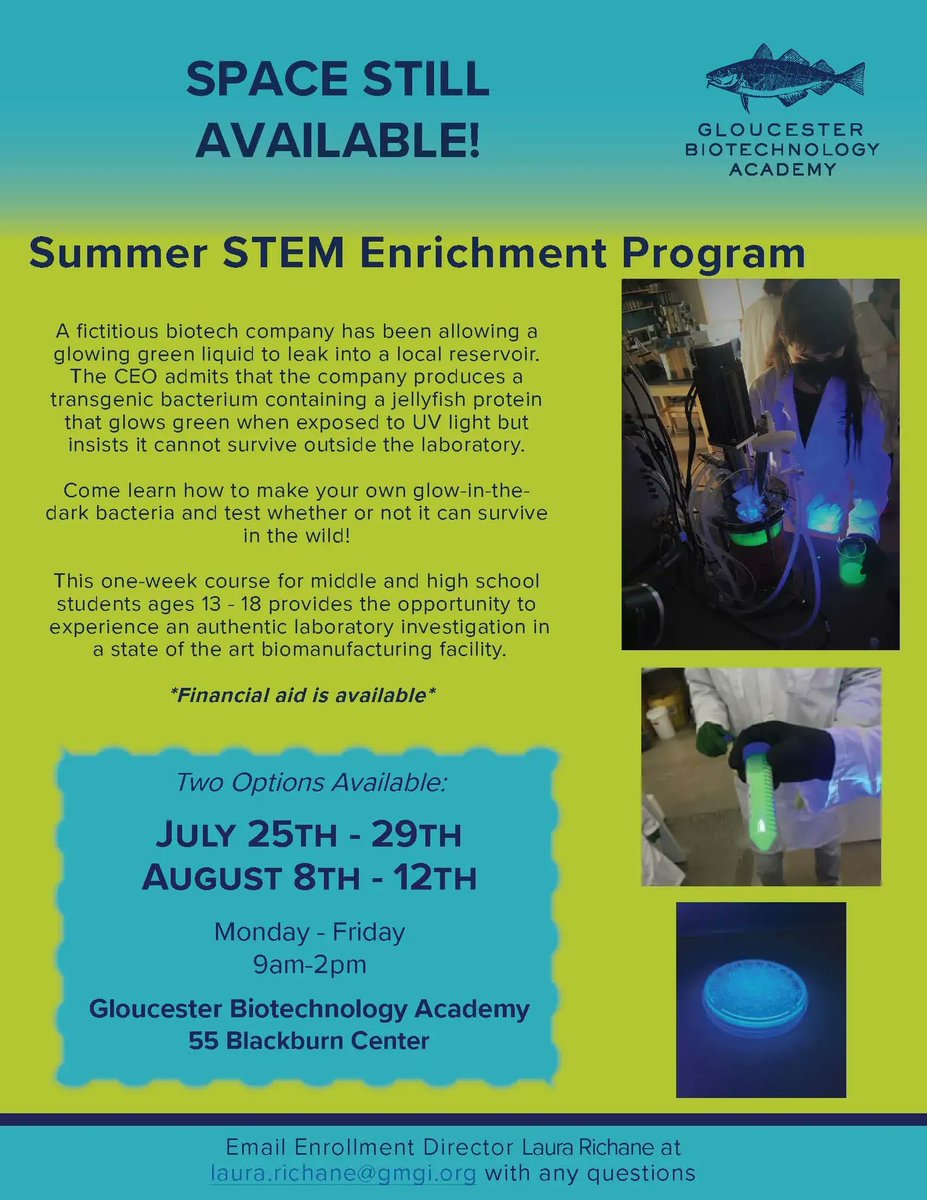 Gloucester Biotechnology Academy is holding a 1 week-long STEM course where you will learn how to make your own glow-in-the-dark bacteria &amp; then see if it can survive in the wild! 9a-2p 7/25 - 29 OR 8/8 - 12. To register &amp; for more information, click here buff.ly/3RJT7C2
