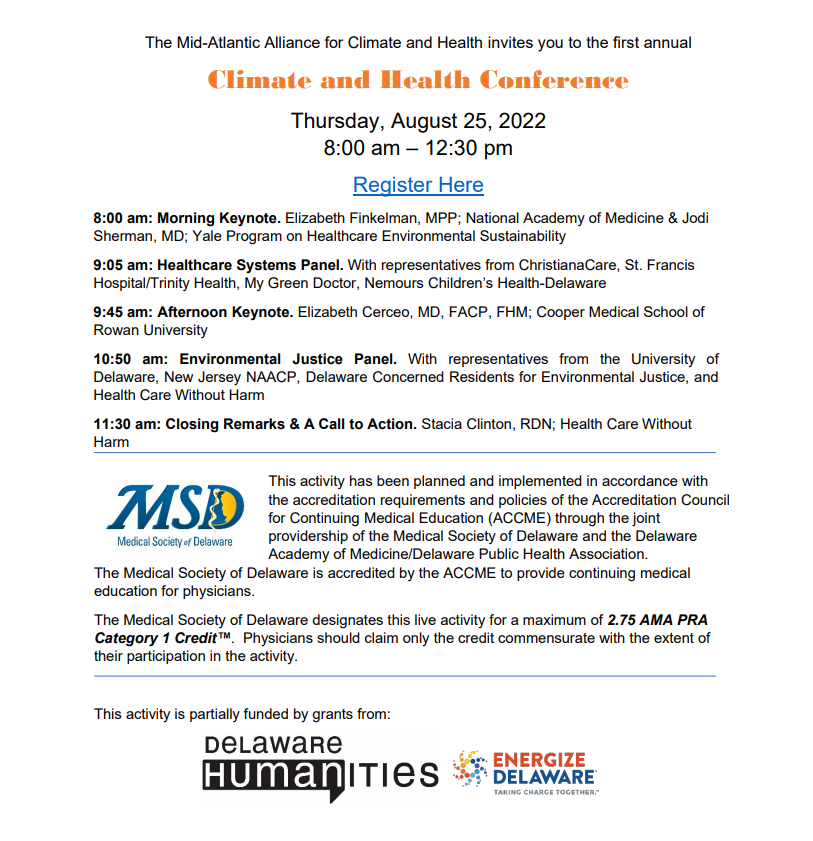 ACPNJ1's tweet photo. The Mid-Atlantic Alliance for Climate and Health invites you to the first annual Climate and Health Conference on August 25, 2022 from 8:00am - 12:30pm. To register click here: https://t.co/FQq143DXpF https://t.co/KVlgR6lv97