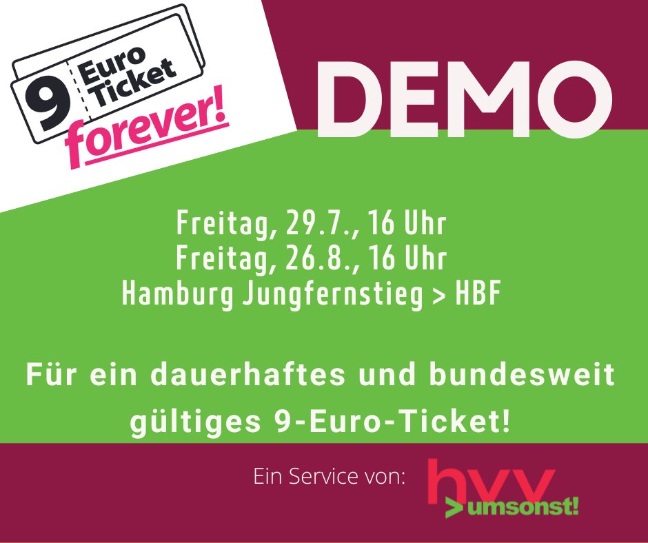 #Demo 📣für ein #9EuroTicketforever 
Am 29.7. um 16 Uhr am #Jungfernstieg in #Hamburg - Für dauerhaft günstige  #9EuroTickets in 🚌🚎 &amp;🚉