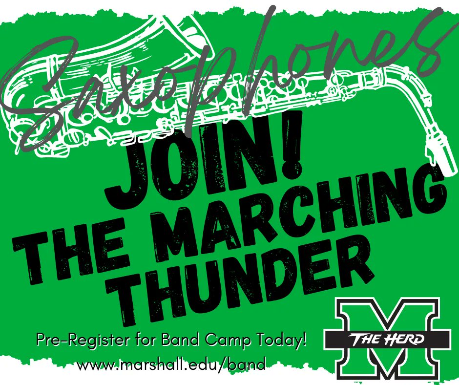 marshallubands's tweet photo. Don't miss your opportunity to be involved!
All saxophone players - pre-register for the Marching Thunder band camp today!
Be a part of the Thunder!
https://t.co/yze9ZA9Ikf
#marchingthunder
#wesoundasone
#marshallubands https://t.co/pnelonElNh