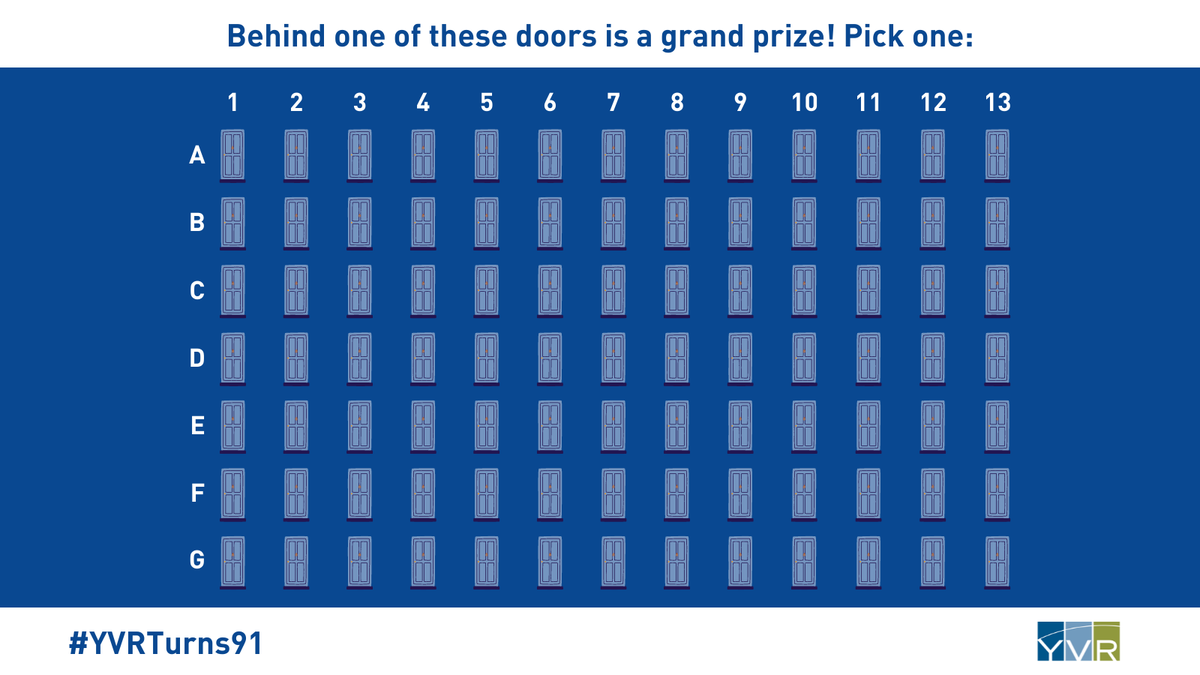 yvrairport's tweet photo. Add a candle to the birthday cake because YVR turns 91 today! We opened 7-22-1931 and ever since we've been connecting BC proudly to the world &amp; serving our community.

Behind one of these 91 doors is a grand prize. To enter, QT this with your guess &amp; #YVRTurns91🎂 https://t.co/aAFI9e9in2