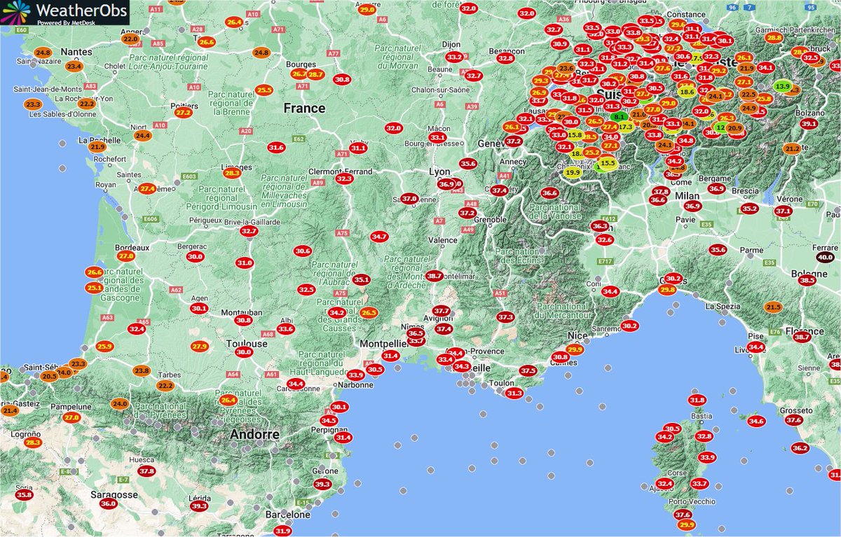 Encore de très fortes chaleurs ce vendredi après-midi et des #orages moins actifs qu'envisagé.
39°C à Valence, 38°C à Grenoble ou Carpentras, 37°C à Saint-Etienne, Lyon, Chambéry, Avignon.
Hors réseau principal, 40°C à Apt, dans le Diois ou localement en Ardèche. #canicule 