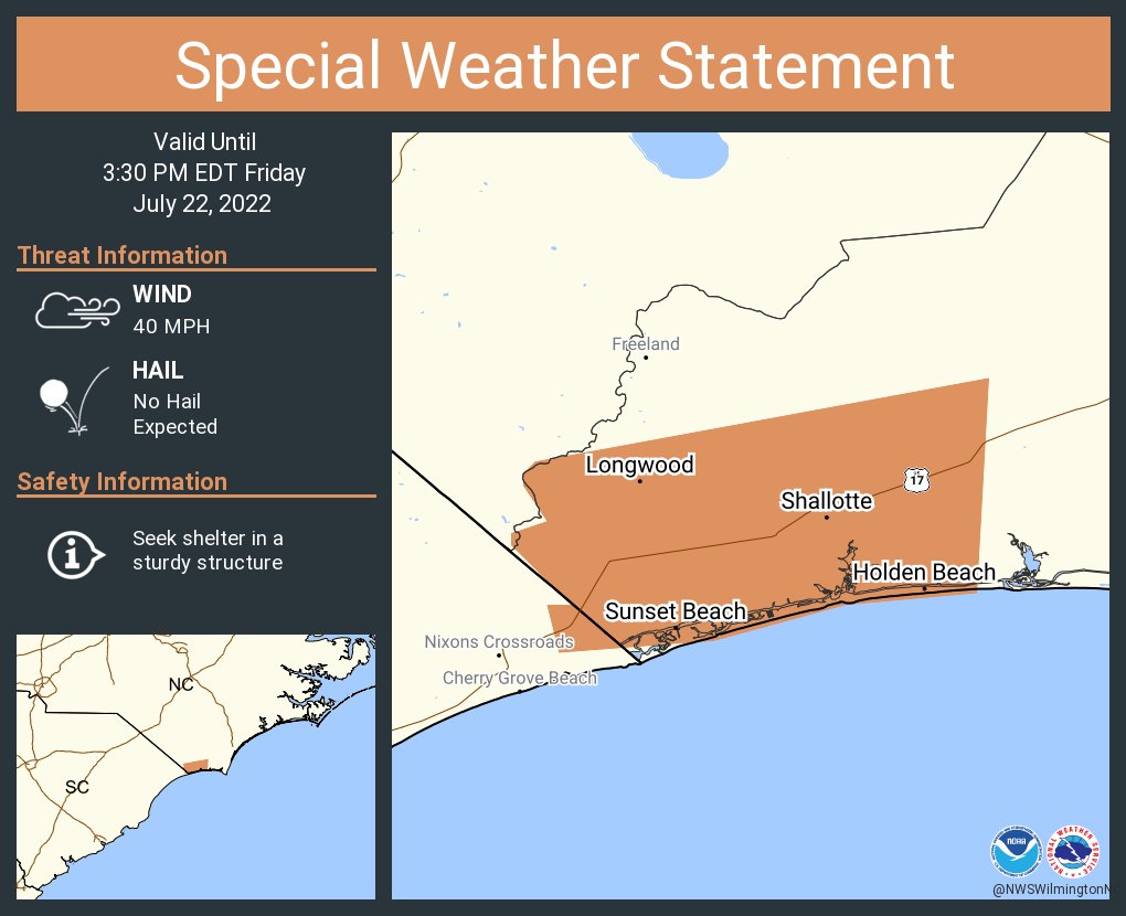 NWSWilmingtonNC's tweet photo. A special weather statement has been issued for Shallotte NC, Sunset Beach NC and  Carolina Shores NC until 3:30 PM EDT https://t.co/8qMW6vyjXf