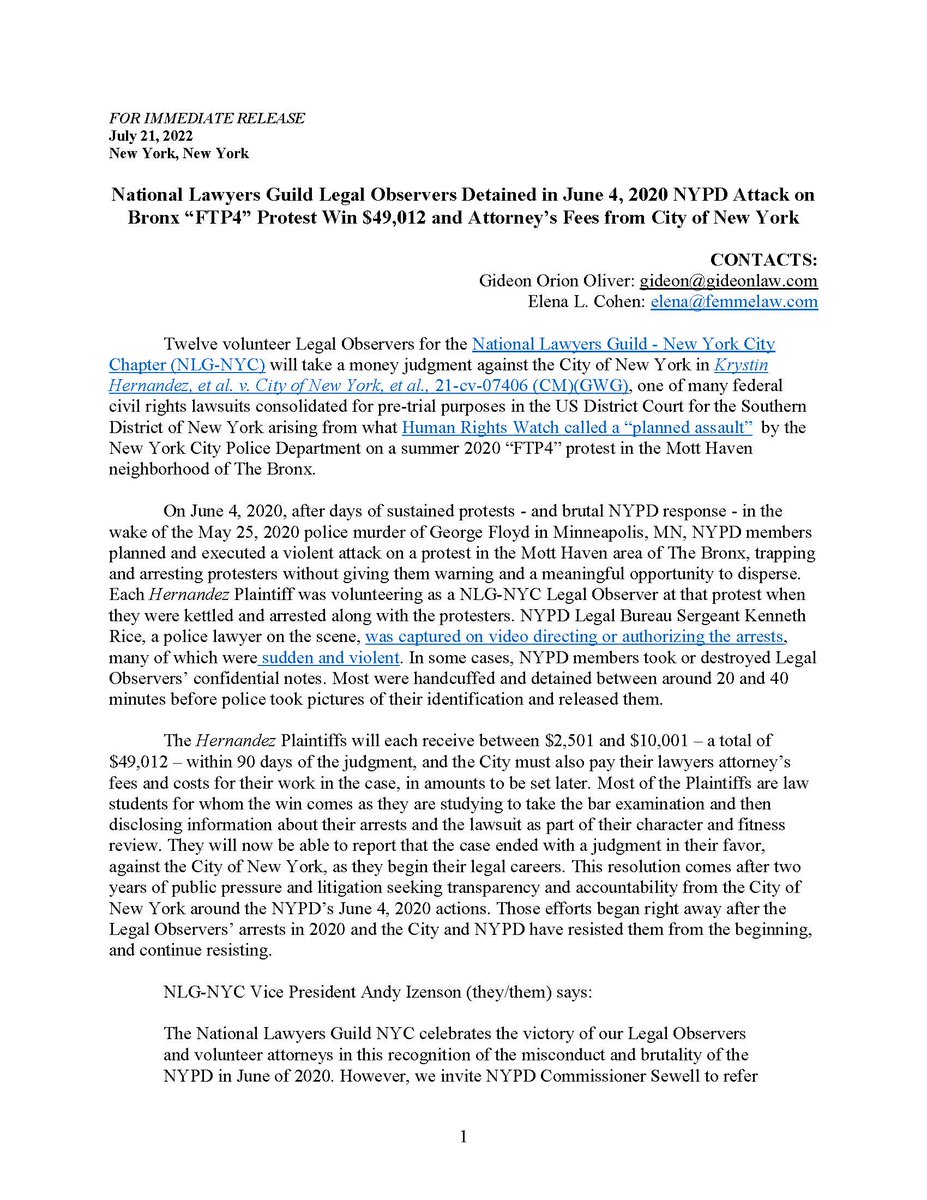 gideonoliver's tweet photo. Here's the news we shared yesterday, 7/21/22, followed by a  press round-up:

@NLGnews @NLGNYCnews Legal Observers Detained in June 4, 2020 NYPD Attack on Bronx “FTP4” Protest Win $49,012 and Attorney’s Fees from City of New York 

https://t.co/xGs4LyC7G4 https://t.co/hGvuTxZ4QD