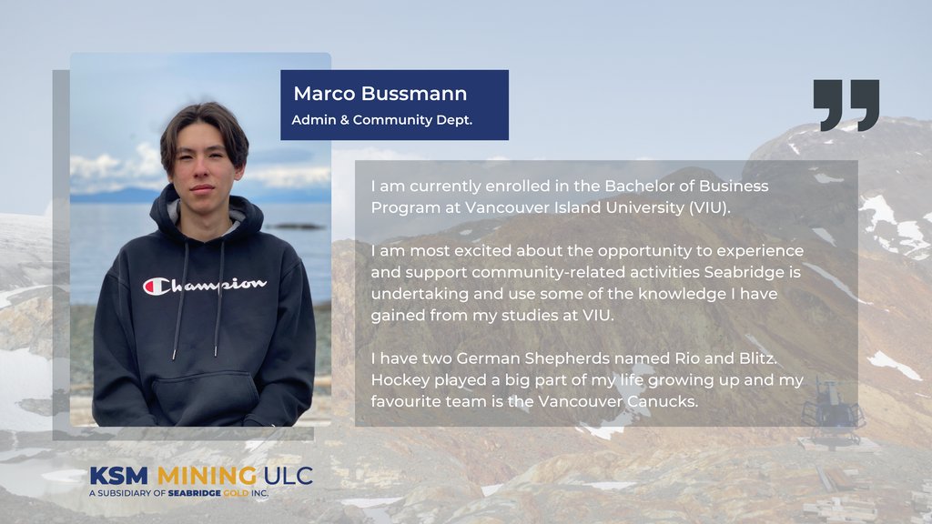 SeabridgeInc's tweet photo. #SeabridgeSummerStudentProfile Meet Marco Bussmann, another talented summer student supporting our Administrative and Community Departments in #Smithers.
 
#Studentprofiles #SeabridgeGold #northwestBC #education #careersinmining #seabridge #KSMProject https://t.co/trcM3iutZ1