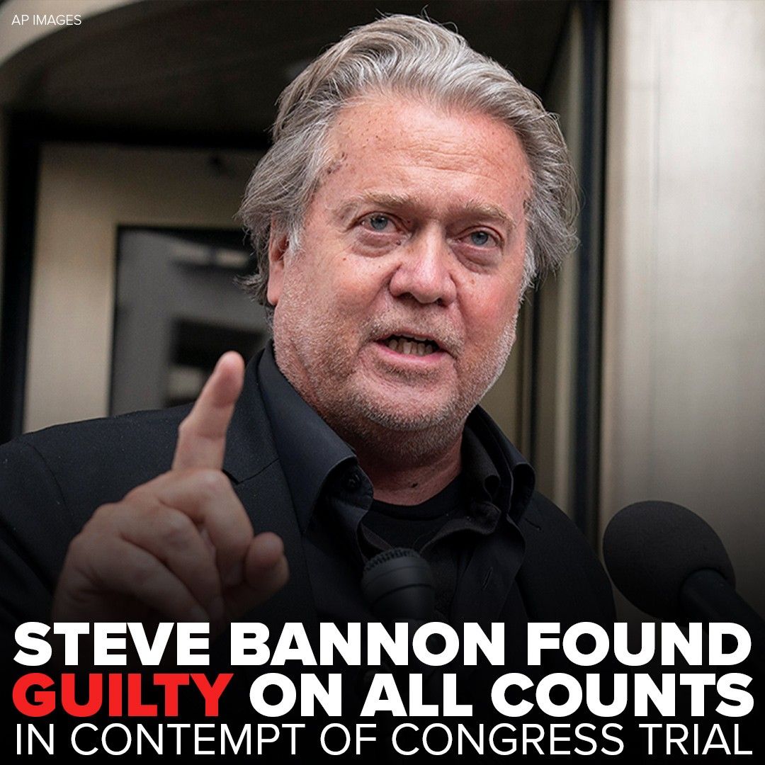 ABC7NY's tweet photo. BREAKING NEWS 🚨 Donald Trump ally Steve Bannon found guilty on all counts in contempt of Congress trial. The jury reached a verdict roughly three hours after leaving the courtroom to begin deliberations. https://t.co/dqE9mS280a https://t.co/TooHzlJVqM