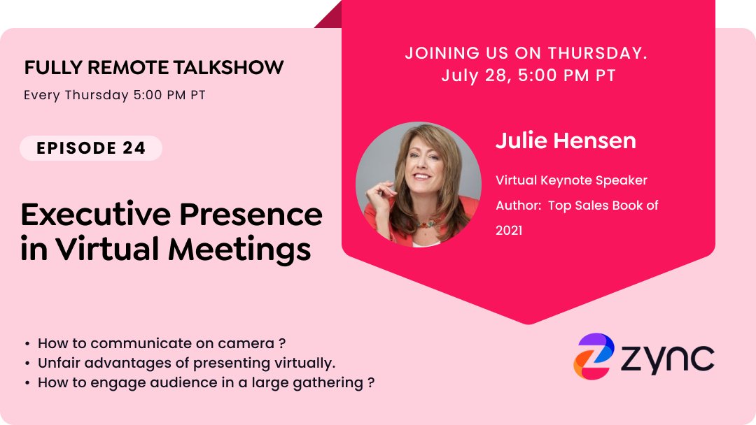Next week’s topic: Executive Presence in Virtual Meetings <a href="/acting4sales/">Julie Hansen</a>. Register here hubs.ly/Q01hkzp20 #workfromhome #virtualselling #remotefirst #workingremotely #collaboration #remoteworkingsolutions #remotework #virtualmeetings #eventplanning #futureofwork