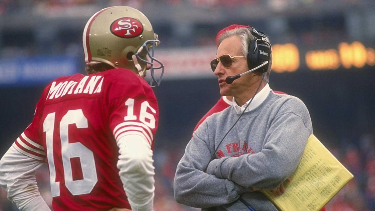 NinersHistory's tweet photo. Montana &amp; Coach Seifert talking things over. #FTTB https://t.co/8DdbRK4nQ9
